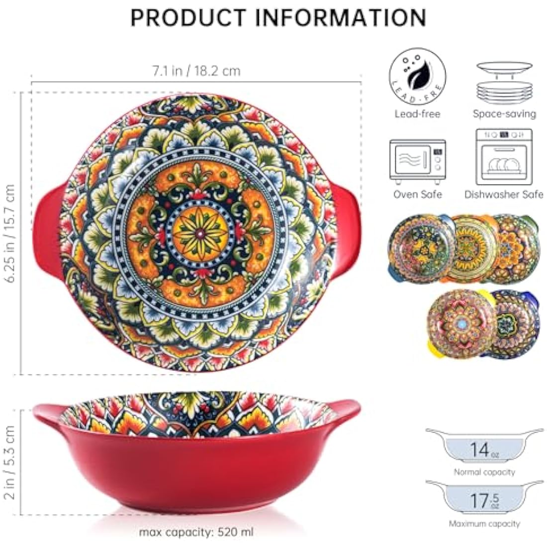 Henten Home Bowls Set, Porcelain Salad Bowl with Handles, Colorful Serving Plates 6pcs - 17.5Oz, Ceramic Bowls for Cereal Soup Salad - Bohemian Style