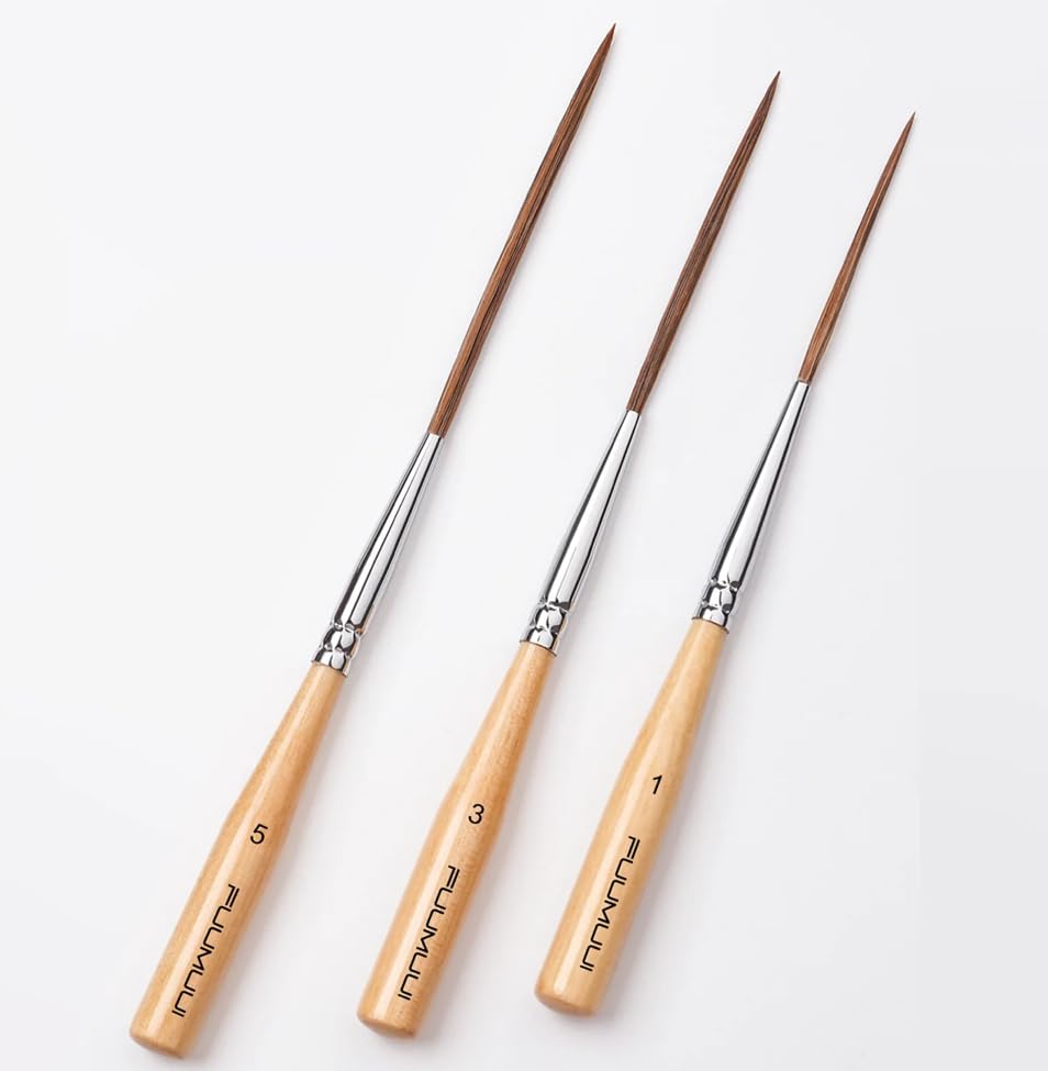 Fuumuui 3PCS Long Liner Brush with UK Design Patent - Natural Ox Hair for Watercolor, Gouache, Ink & Acrylics - Detailing Artist Tool