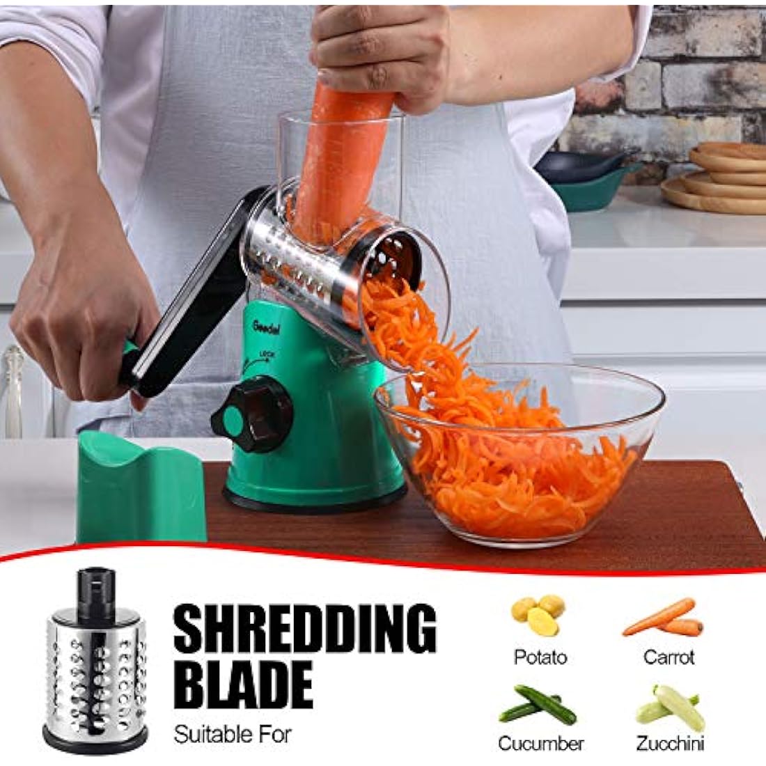 Rotary Cheese Grater, Vegetable Slicer with Three Drum Blades, Grater for Kitchen Faster and Easy Cutting, Rotary Drum Grater Ideal for Cheese, Cucumber, Carrot, Nuts, etc.