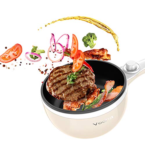 Vocha Electric Hot Pot, 1.5L Mini Portable Electric Pan Non-Stick, Multi-Cooker with Lid for Travel/Dormitory, Silicone Spatula Included (Beige)