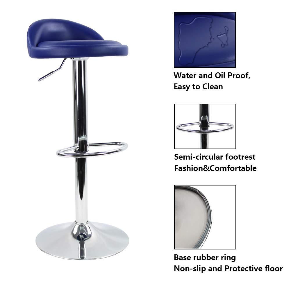 KKTONER PU Leather Round Bar Stool with Back Rest Height Adjustable Swivel Pub Chair Home Kitchen Bar stools Backless Stool with Footrest (Blue)