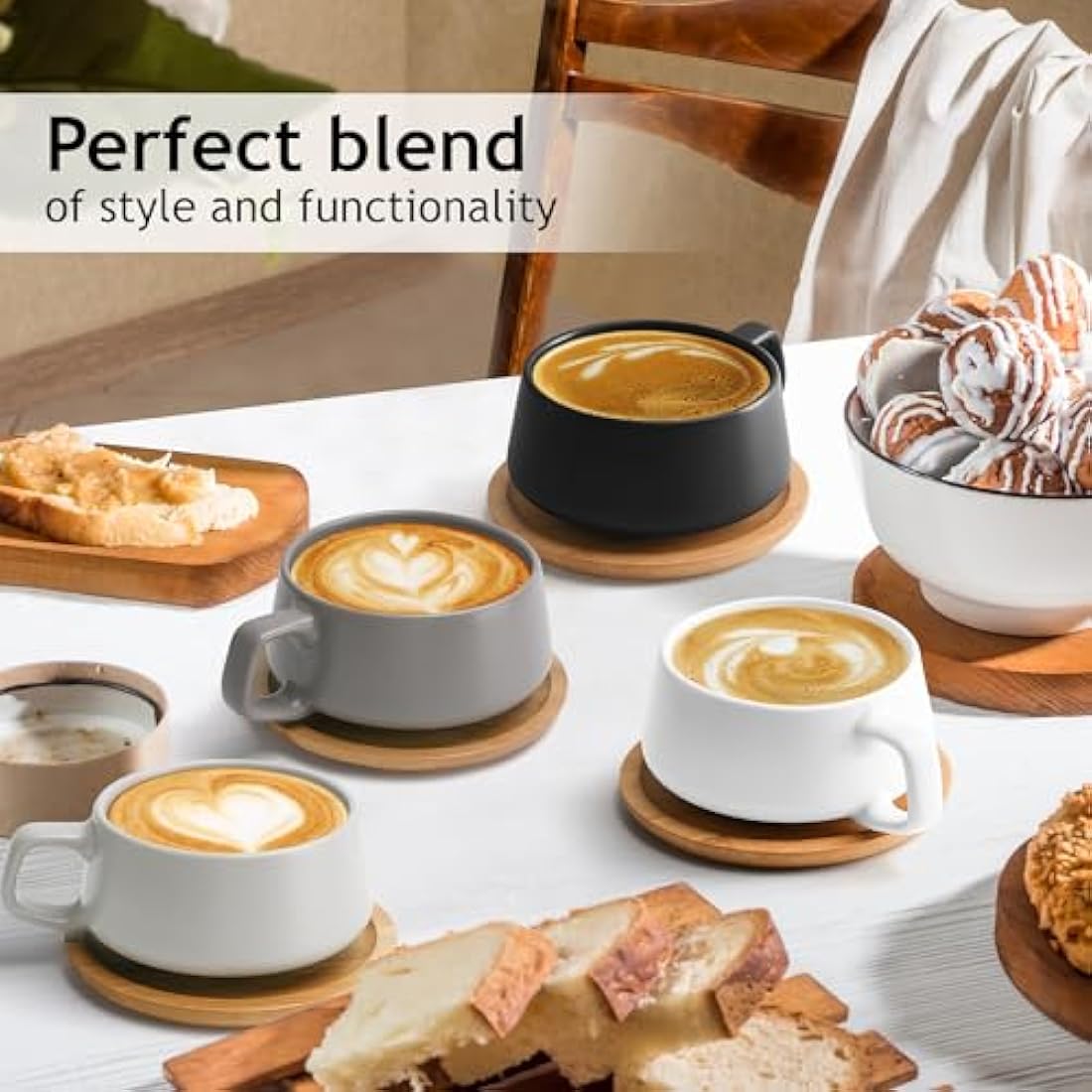 MIAMIO – 320 ml, Set of 4 Ceramic Tea Cup and Saucer Bamboo/Tea Mug - Wide Cappuccino Cup, Coffee Cups Ceramic Mug for Cappuccino, Latte, Espresso & Americano - Luxe Collection (Classic Pastel)