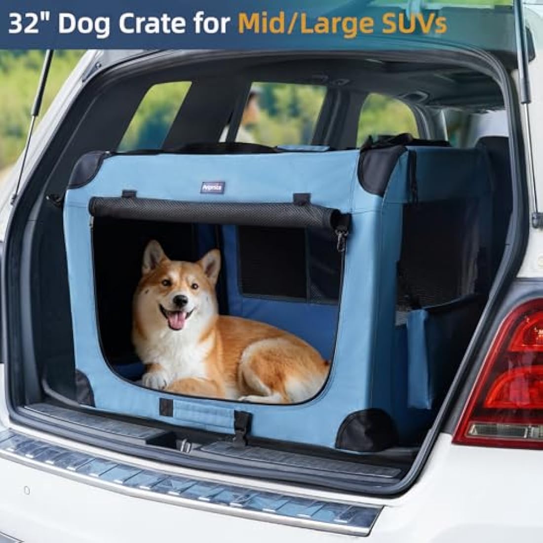 Petprsco Portable Dog Crate, Collapsible Dog Travel Crate 81x58x58 cm with Soft Blanket Foldable Bowl and a Poop Bag with Dispenser for Medium & Large Dogs