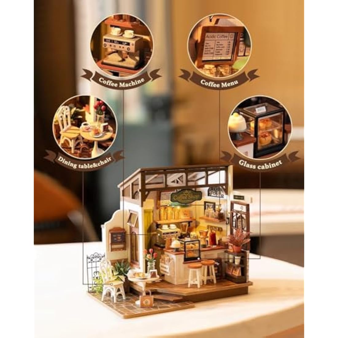 ROWOOD Doll House Kit Coffee House, DIY Miniature House Craft Building Room, Wooden Model Kits with Accessories for Adults and Teens to Build, for Christmas and Birthday