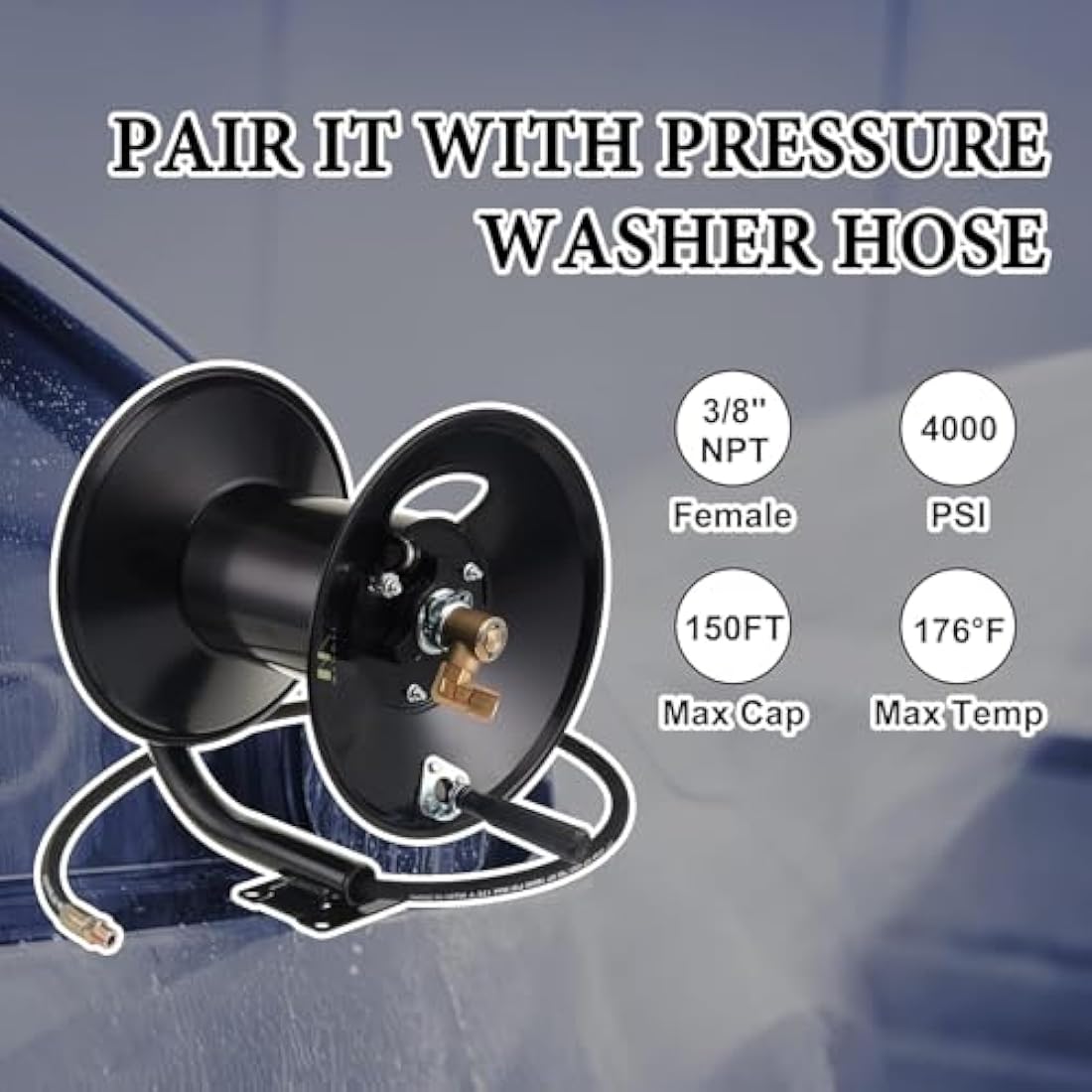 M MINGLE High Pressure Washer Hose Reel 150ft, Heavy Duty Steel Hose Reel, Manual Crank Power Washer Hose Reel with 3/8" Pressure Wash Hose, Swivel Arm and Mounting Bracket, 4000 PSI
