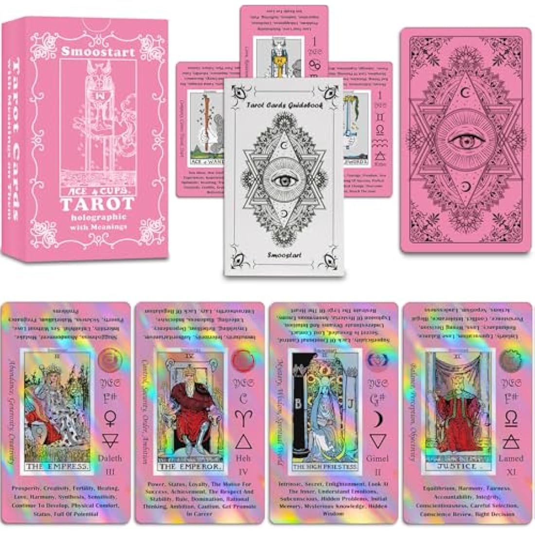 Smoostart Pink Holographic Tarot Cards with Meanings, Tarot Cards Deck with Guidebook for Beginners, Keywords, Element, Planet, Zodiac, Chakra, Yes or No, Musical Pitch, Numerology, Hebrew Alphabet