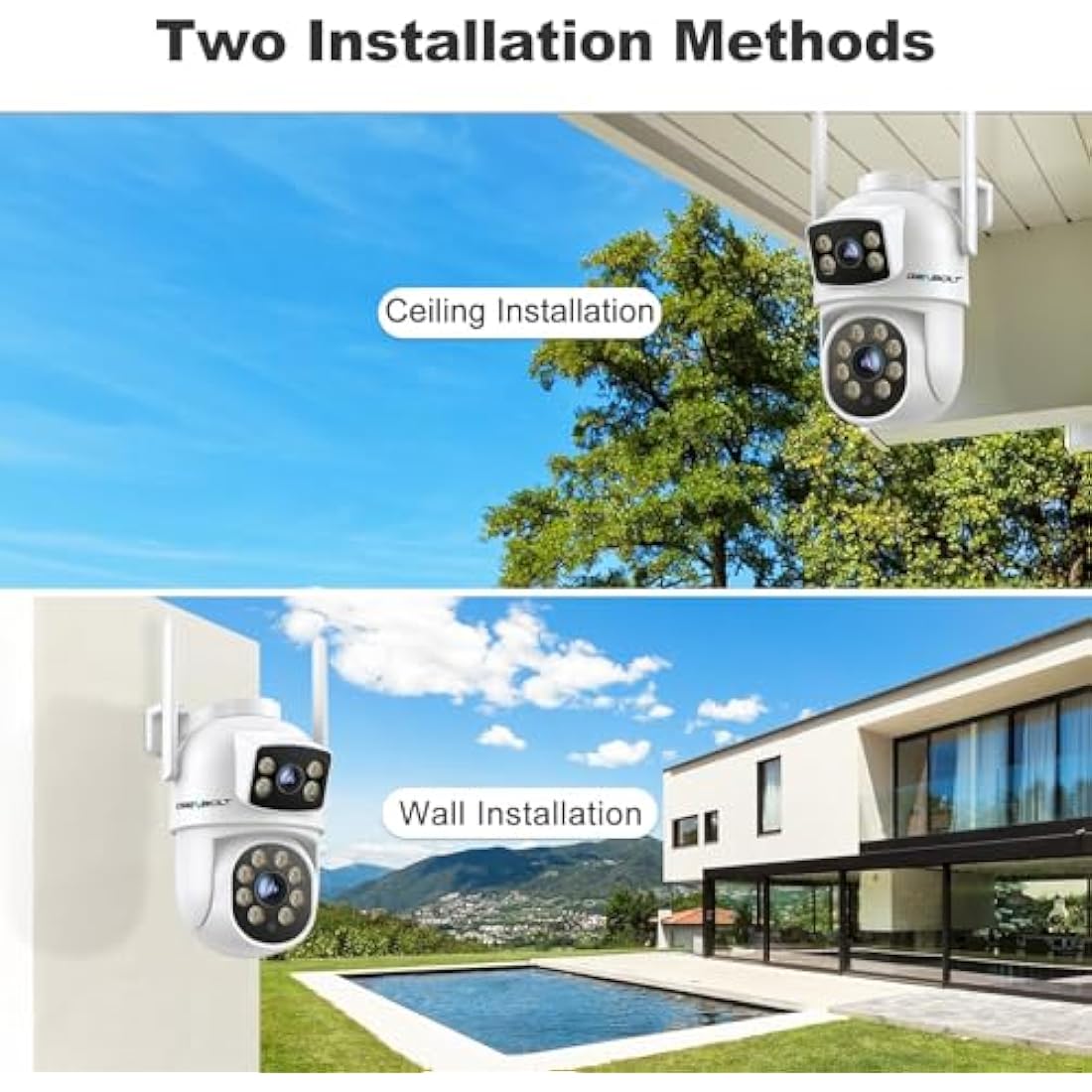 GENBOLT PTZ WiFi Security Camera Outdoor, CCTV Camera with Dual View, Dual lens Home Surveillance IP Camera with Color Night, Auto Tracking Humanoid Detection [DC&PoE]