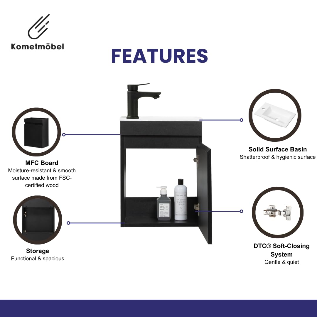 Kometmöbel Cloakroom Vanity Unit With Wash Basin Bathroom Vanity 40cm Wall Hung (Black 40cm, Without Tap)