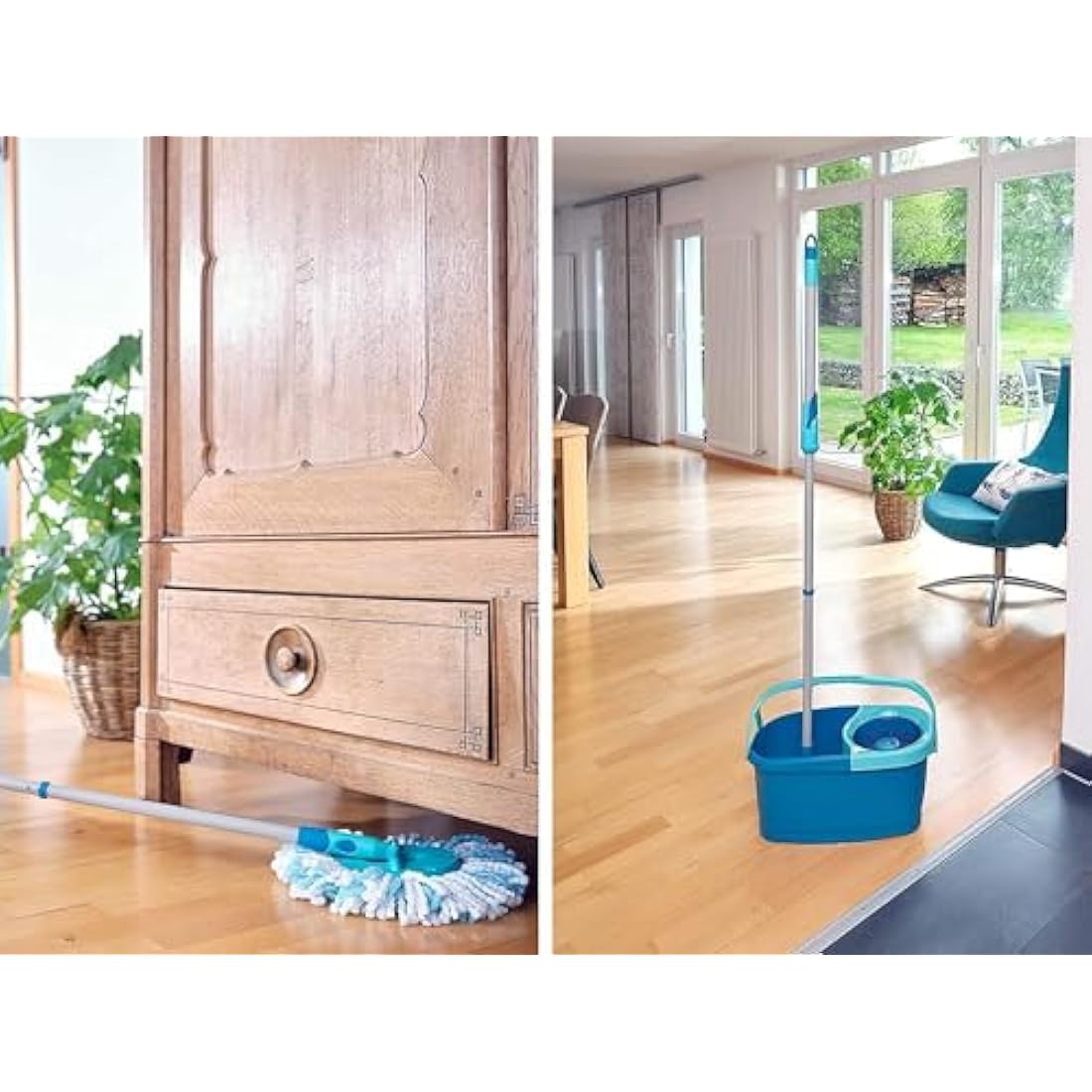 Leifheit Clean Twist Disc Mop Ergo Mobile Set, Moisture Controlled Spin, Wheeled Bucket, Faster Cleaning, Easy-Steer Micro Fibre 33cm Head with 360­ Joint, Spin Mop System