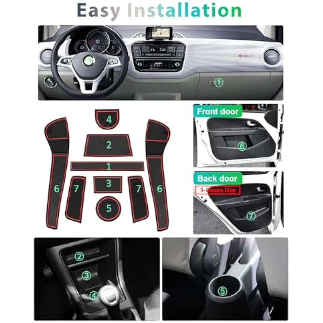 Gafat V W Up/Skoda Citigo 2013-2023 Non-Slip Centre Console & Door Seam Rubber Mats, Cup Holder & Storage Box Mat (Red)