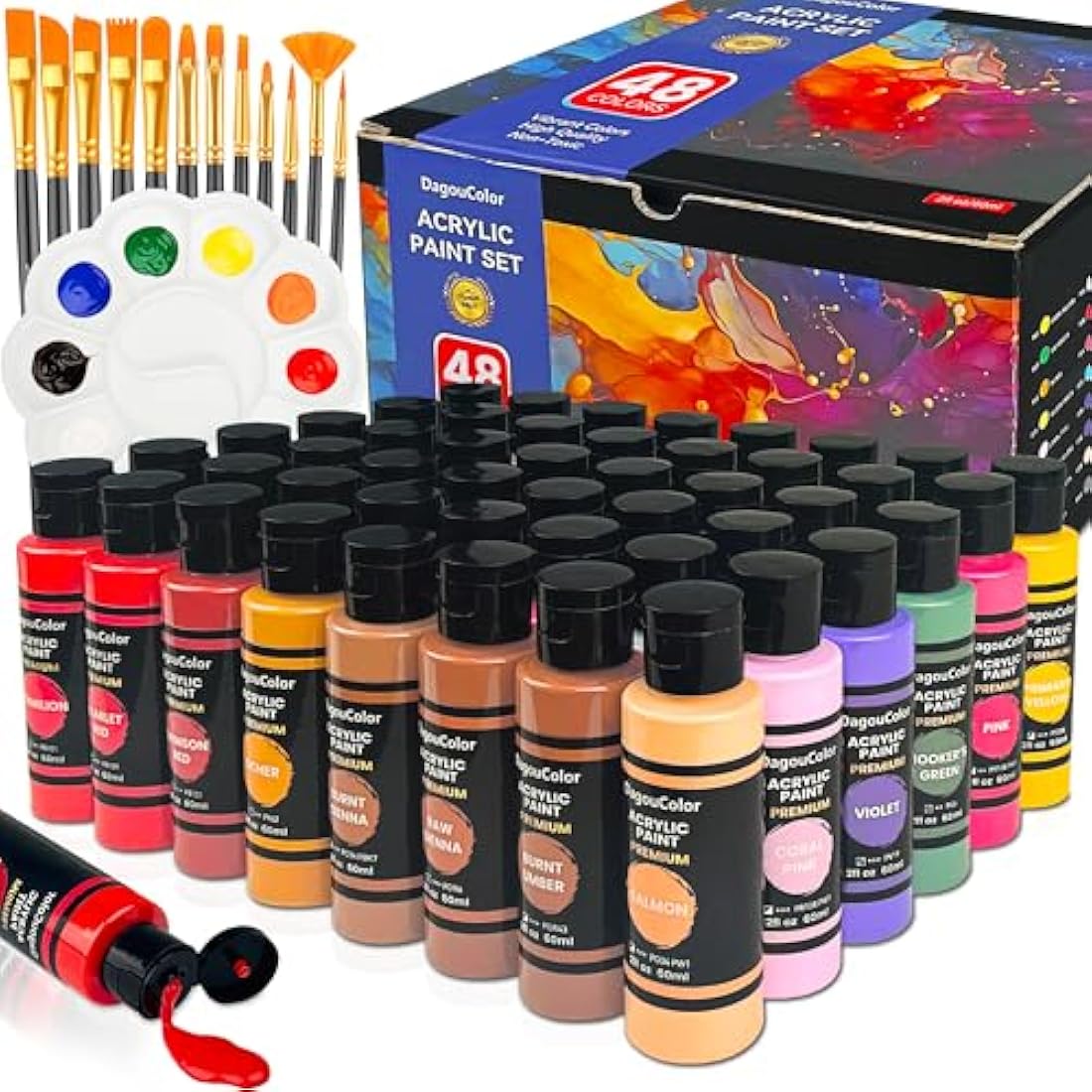 DagouColor 61 PCS Acrylic Paints Set - 48 Colors * 2oz/60ml Art Craft Paint Bottles, 12 Brushes, 1 Palette, Premium Art Supplies Gifts for Artists Kids Beginners on Canvas Rocks Wood Ceramic Fabric
