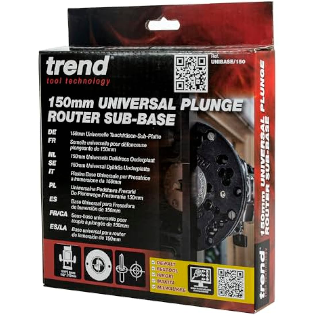 Trend Universal Plunge Router Sub-Base, 150mm, Enhanced Compatibility for 1/4 Inch Plunge Routers, UNIBASE/150