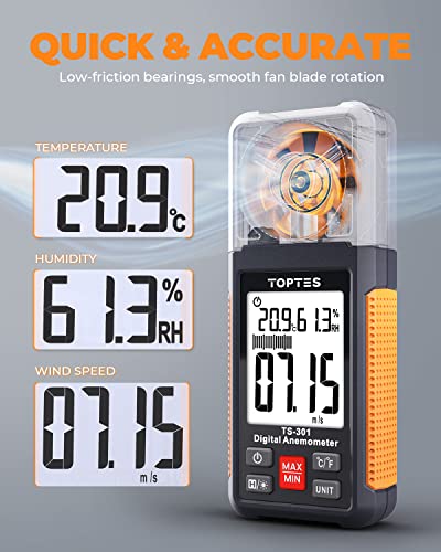 TopTes TS-301 Anemometer Wind Speed Meter, 2.26-Inch Display Wind Meter with Backlight, Max/Min/Average - Orange