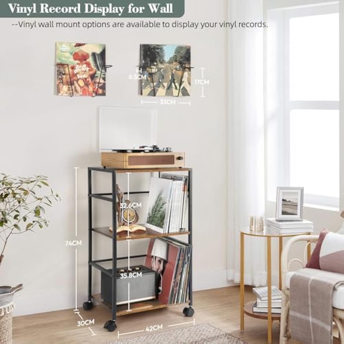 Bikoney Vinyl Record Storage, Rolling Side Table with Player Stand, Large End Table Cart Up to 150 Albums, Turntable Holder with 2 Display - Vinyl Storage for Living Room Bedroom Office