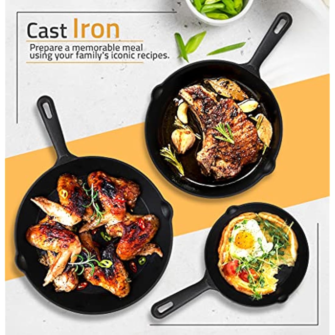 KICHLY Set of 3 Preseason Cast Iron Skillets, Cast Iron Induction Frying Pan Set with 6 Inch, 8 Inch and 10 Inch Sauté Fry Pans, Black
