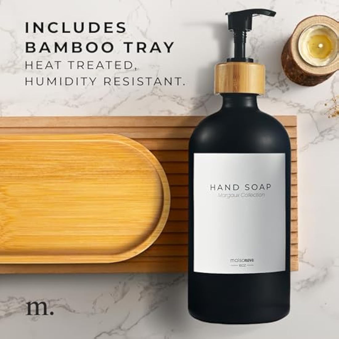 MaisoNovo Bathroom Soap and Lotion Dispenser Set of 3, 500ml Black Soap Dispenser Bamboo Pumps With Labels and Bamboo Tray