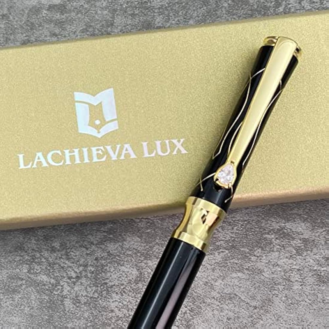 LACHIEVA LUX Black Elegant Crystal Executive Metal Ballpoint Pen with German-made P900M Refills, Luxury and High end Writing Instruments for women-Black