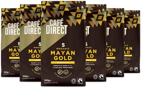 Cafedirect Mayan Gold Organic Ground Coffee – Smooth Dark Roast with Caramel Sweetness, Fairtrade Arabica from Mexico 200g (Pack of 6 - 1.2kg total)