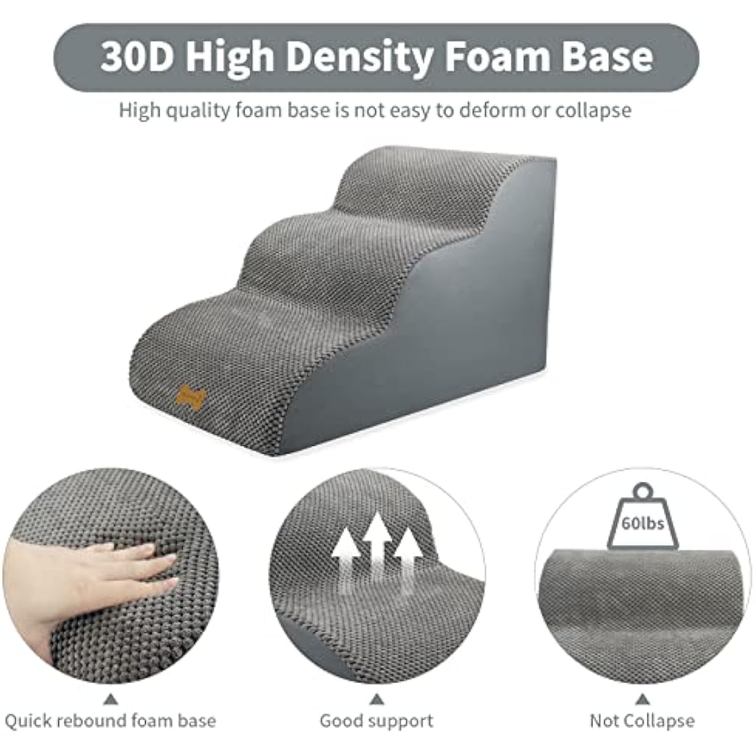 Nepfaivy Dog Steps Stairs for Bed - Non-Slip Pet Stairs for Small Dogs and Cats, 3-Steps Dog Ramp for Sofa with High Density Foam and Removable Cover, 60x40x40cm