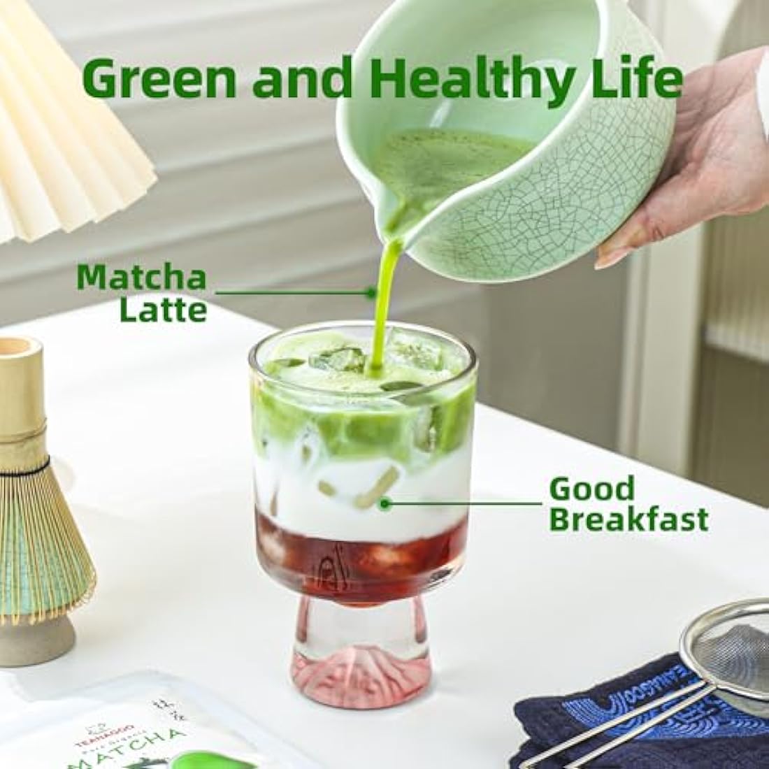 TEANAGOO Matcha Set, 7 Pcs Matcha Whisk Set, Matcha Kit for Ceremony, Matcha Tea Set for Making Breakfast/Latte, Green Matcha Bowl(Chawan) Whith Spout and Whisk, Gift for Matcha Lover