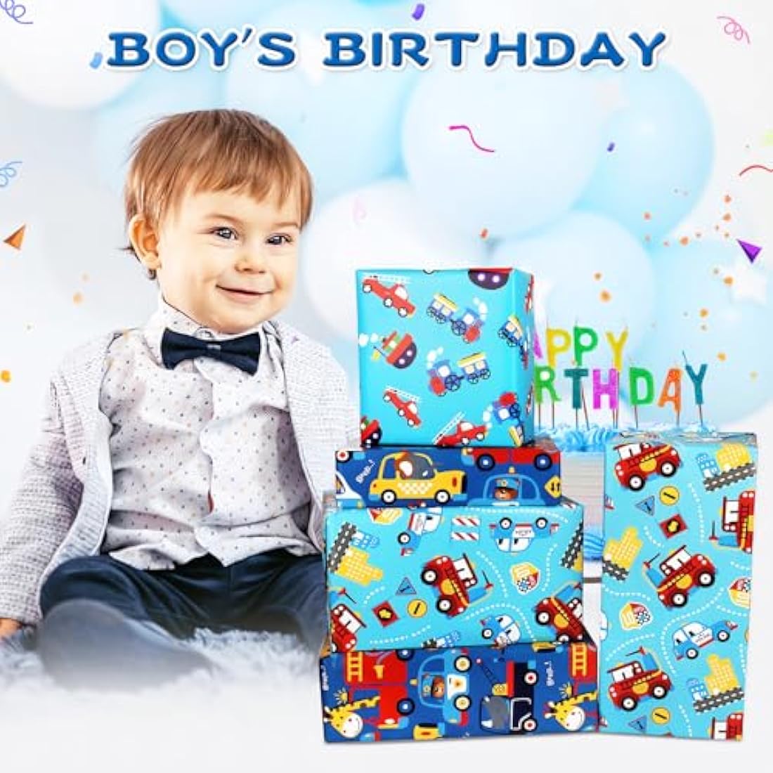 Kids Boys Birthday Gift Wrap Set - Police Car Fire Trucks Crane Ambulance Giraffe Elephant Gift Wrapping Paper Sheets, Tag Ribbion