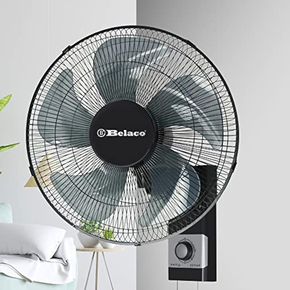 Belaco Wall Fan 16 Inch Wall Mounted 3 Speed Mode Oscillation Fan Tilt Head Easy Install High Airflow 55w Cooler for Summer, Black/Silver