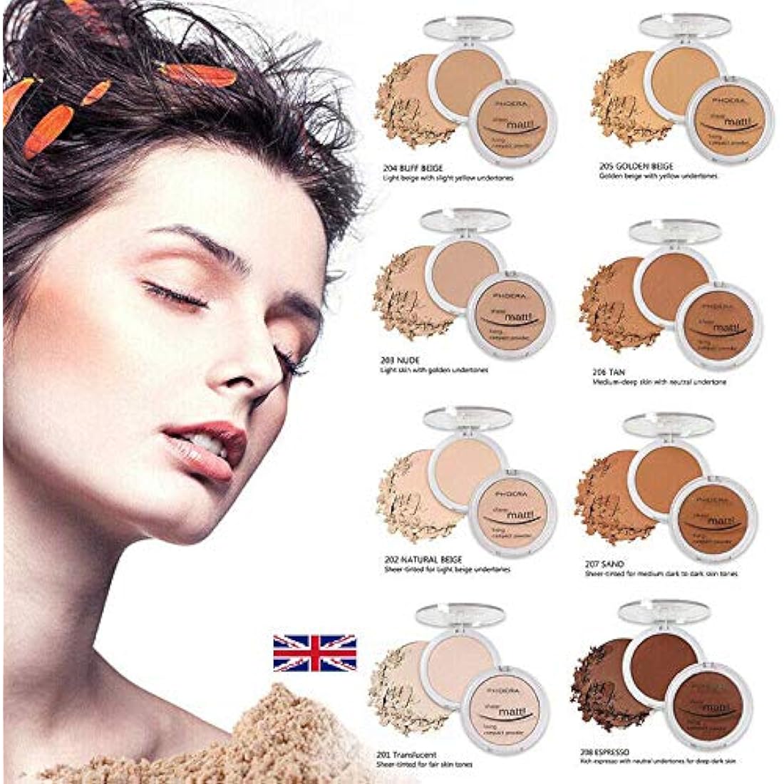 AQUAPURITY - PHOERA Sheer Matte Fixing Powder Makeup Base Fixer Setting Powder Foundation Fixing Compact Pressed Powder Long Lasting Make Up Fixer Skin Vitamin E Beauty Blender (201 Translucent)