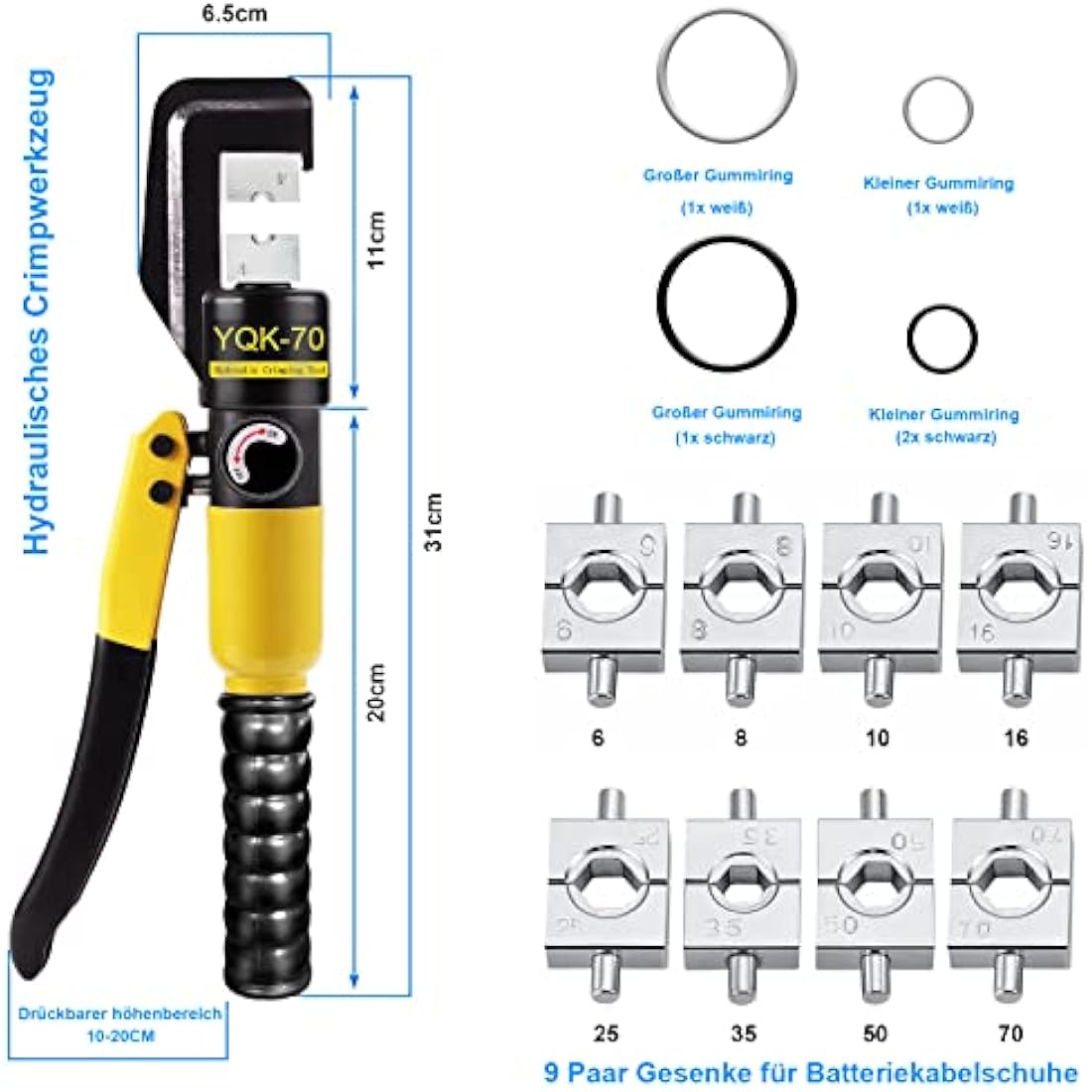 Solsop Hydraulic Crimping Tool Crimper Pliers - 9 Sets of Crimping Shapes 4-70 mm² for Copper Aluminium Cable Lugs