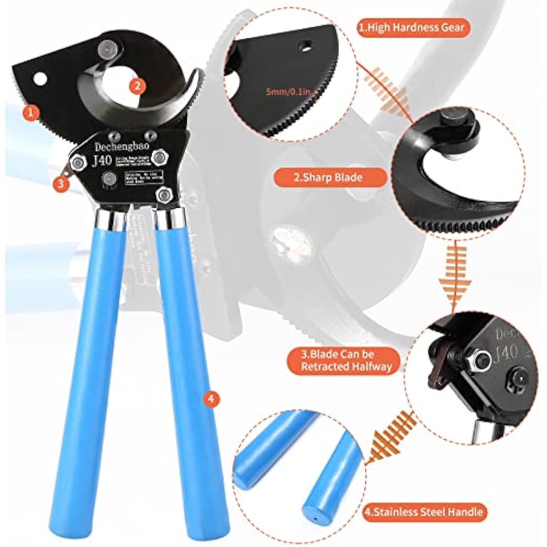 Ratchet Cutters, Dechengbao J40 Heavy Duty Wire Cutter for Aluminum Copper Cable up to 400mm², Ratchet Cable Cutters