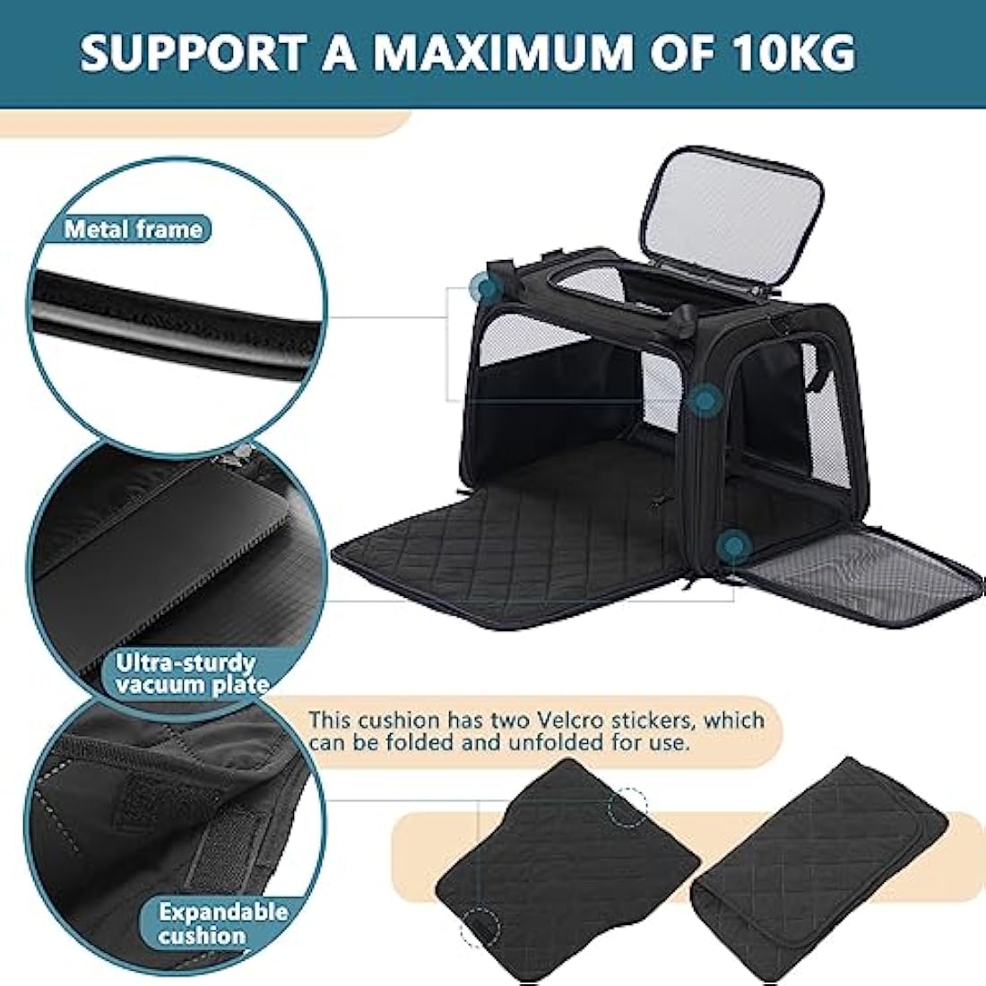 Petsfit Pet Carrier Large Cat Carrier Soft Sided, Dog Carriers with Expandable mat and Quadrangle Oxford Fabric Lightweight Pet Carrier Bag for Cat and Small Dogs，Black