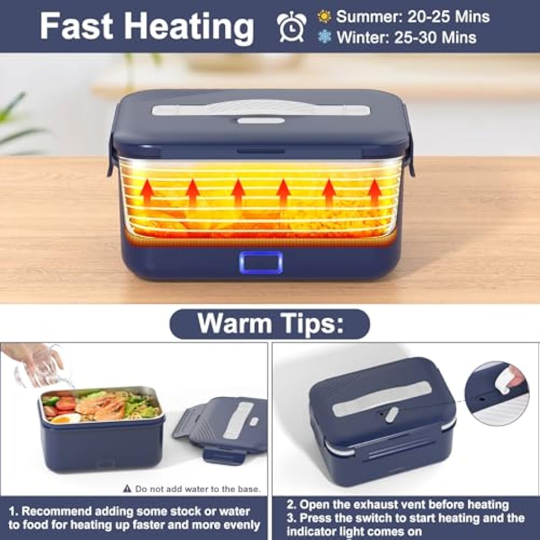 Vabaso 100W Electric Lunch Box for Adults with Insulated Lunch Bag, Spoon and Fork, Heated Lunch Box with Fruit Compartments, 1.8L Large Capacity, Thermal Lunchbox for Car, Truck, Office Dark Blue