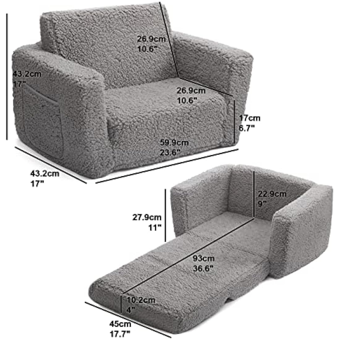 BEJOY Kids Sofa Bed 2-in-1 Flip Out Cuddly Sherpa Toddler Couch Convertible Chair to Lounger Children Sofa Bed Children's Day and Birthday Gift for Girls Boys, Grey