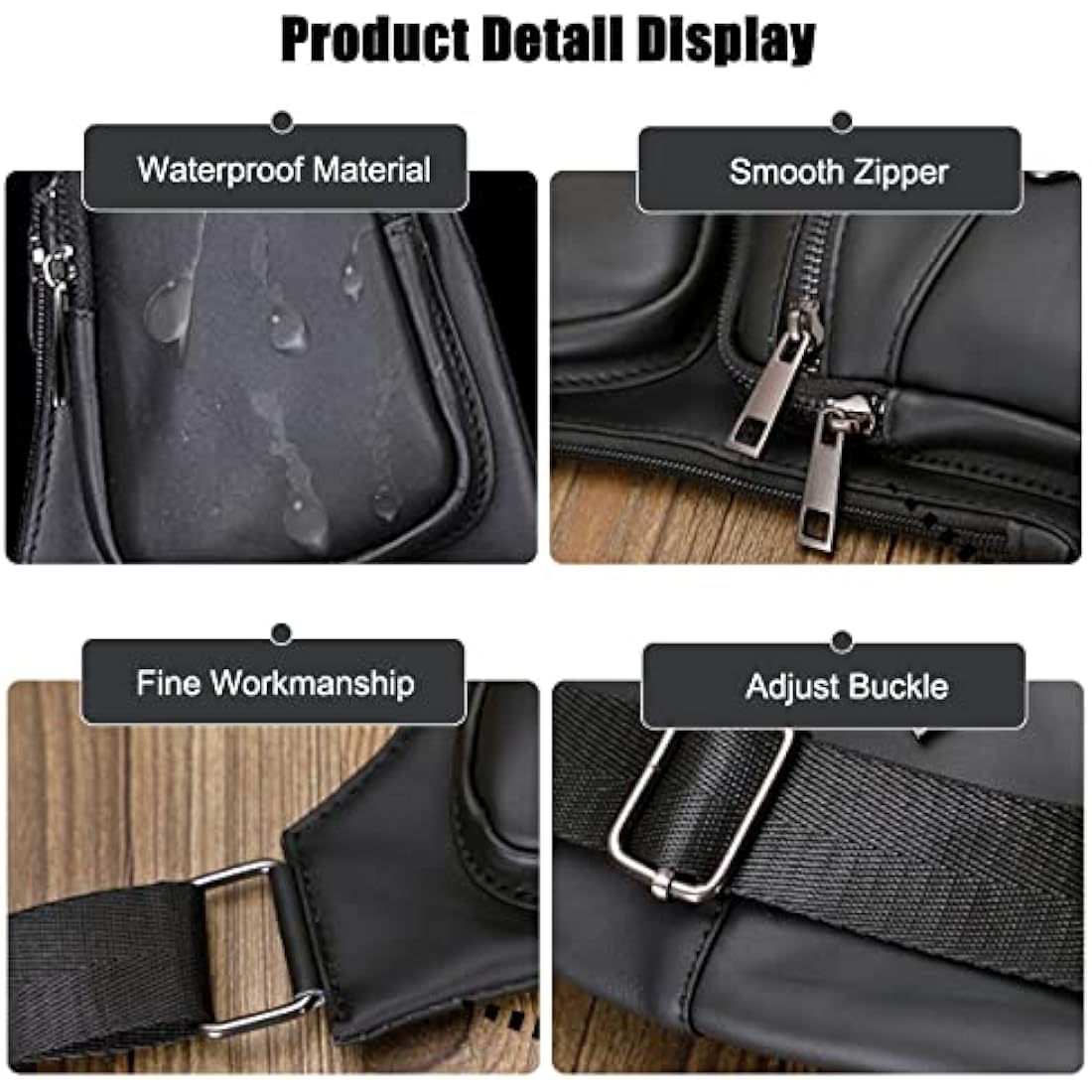 FANDARE Retro Sling Bag - Genuine Leather Chest Crossbody Bag for Business Travel Hiking Bicycle Sport Gym Pack - Black