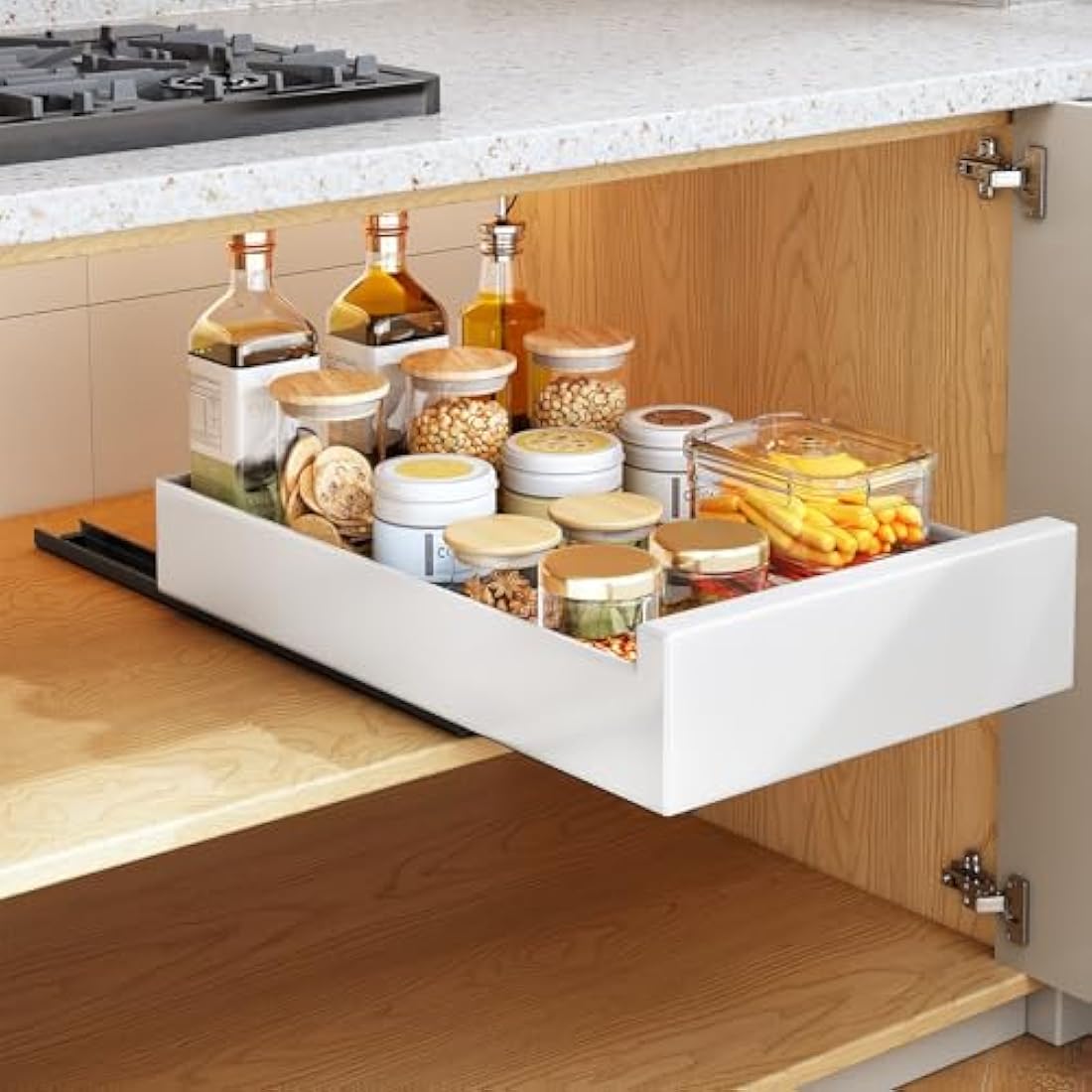 SAYZH Pull Out Cabinet Organiser, Slide Out Drawer Storage Shelves for Kitchen Cupboard, Roll-Out Extendable Sliding Drawer, (43 CM Depth x 25 CM Width x 9CM Height), No Need Drill and Nailing (White)