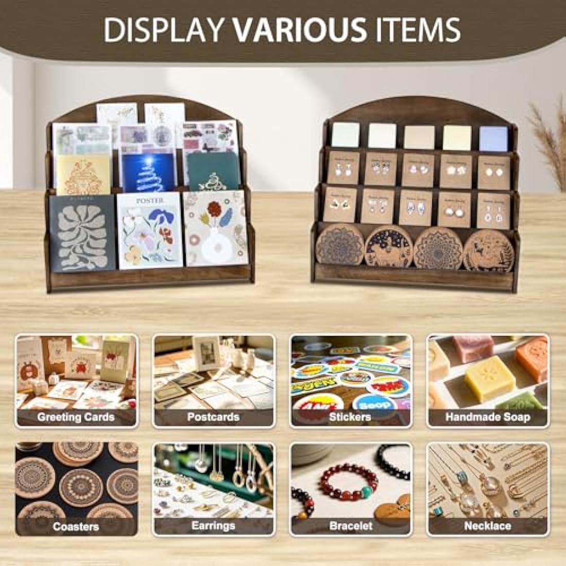PUERSI Greeting Card Display Stand Holder Rack Organizer, for Postcard Sticker Vendors Retail, 4 Tier Wooden Card Display Stand, Brown