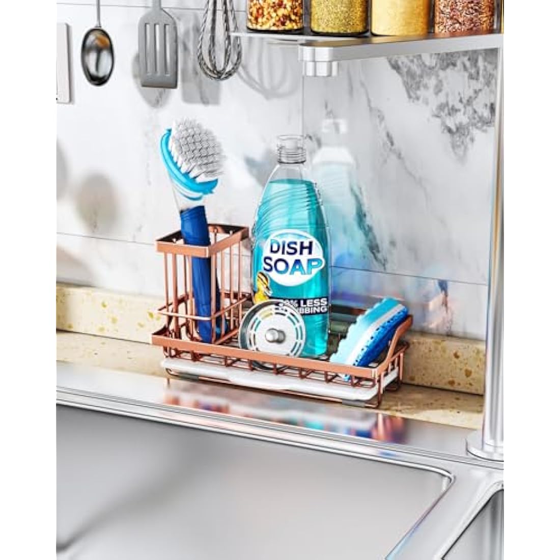 Consumest Sponge Holder for Kitchen Sink - Sink Caddy Kitchen Sink Organizer with Removable Drip Tray for Countertop Dish Soap Dispenser Brush Storage Accessories 304 Stainless Steel, Rose Gold