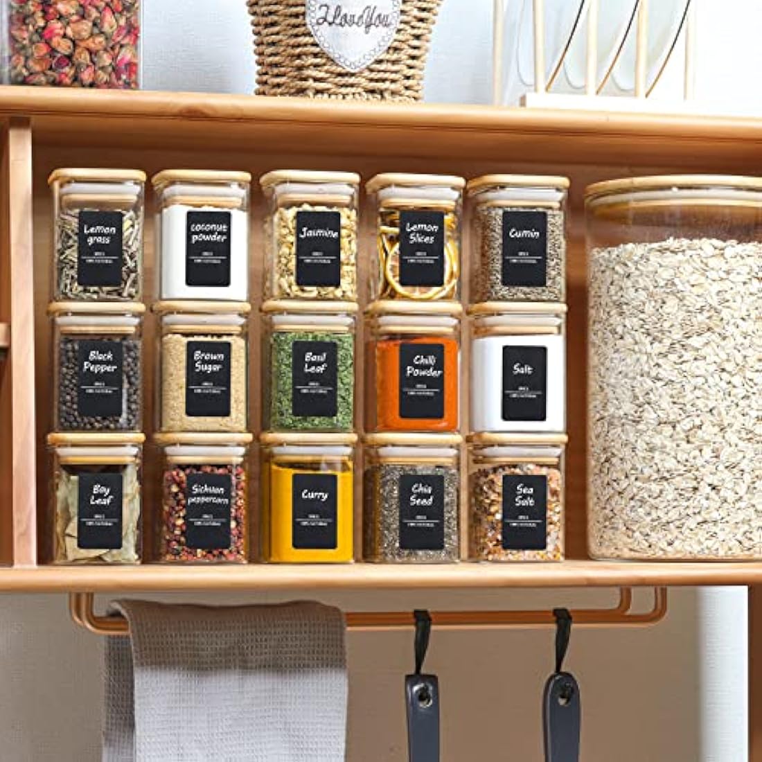 ComSaf 16 Pcs Glass Spice Jars with Bamboo Lids, 6oz/180ml Square Glass Storage Jars with 275 Black Lables, Airtight Spice Jars with Lids, Glass Container for Spice, Salt, Sugar, Seeds, Nuts etc