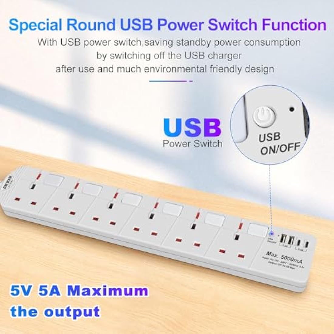 SE UKASE Extension Lead with USB Slots(5V/5A), 6 Way Plug Sockets with Individual Switches USB and Type C, Wall Mount Design with 2M Extension Cable 2990W