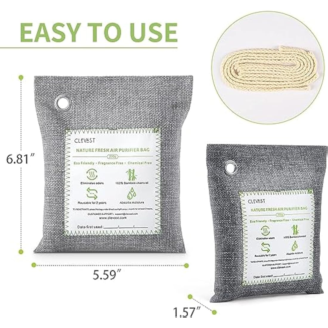 CLEVAST Bamboo Charcoal Air Purifying Bags (Large, 4×200g), Removes Odors and Moisture, Nature Fresh Air Purifier Bags, Odor Eliminator for Home, Car, Pets, Bathroom, Basement