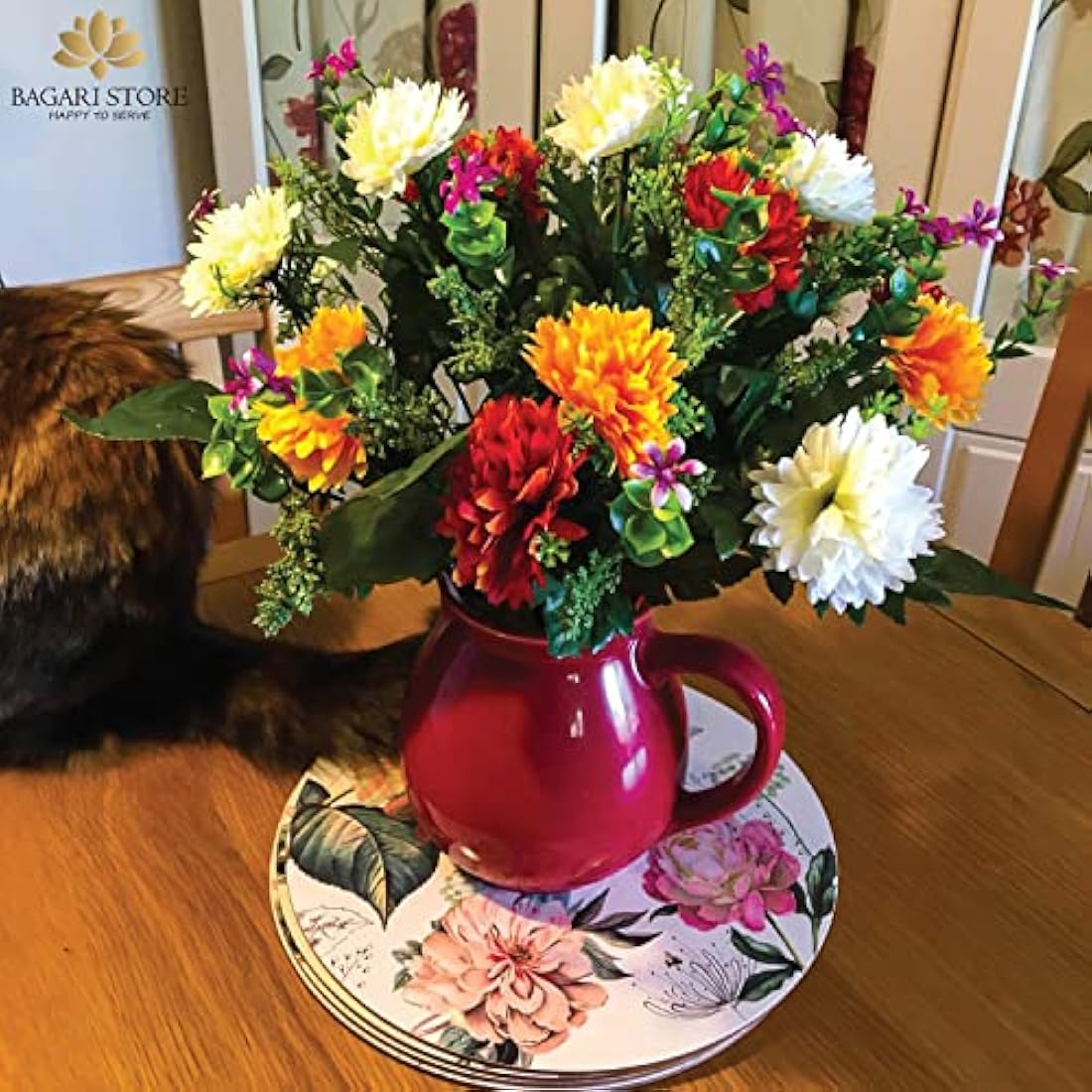 Bagari 41cm Artificial Flowers for Graves- Fake Bunch with 16 Heads Large Mixed Ivory- Red-Orange Bush Flowers Delivery Next Day Prime- Plastic Fresh Bouquet for Outdoor & Indoor Events Wedding Party