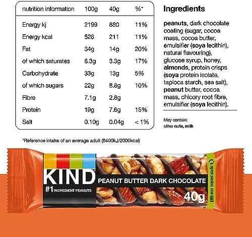 KIND Bars, Gluten Free Snack Bars, Peanut Butter Dark Chocolate, Healthy Snack, No Artificial Colours, Flavours or Preservatives, Multipack 24 x 40g