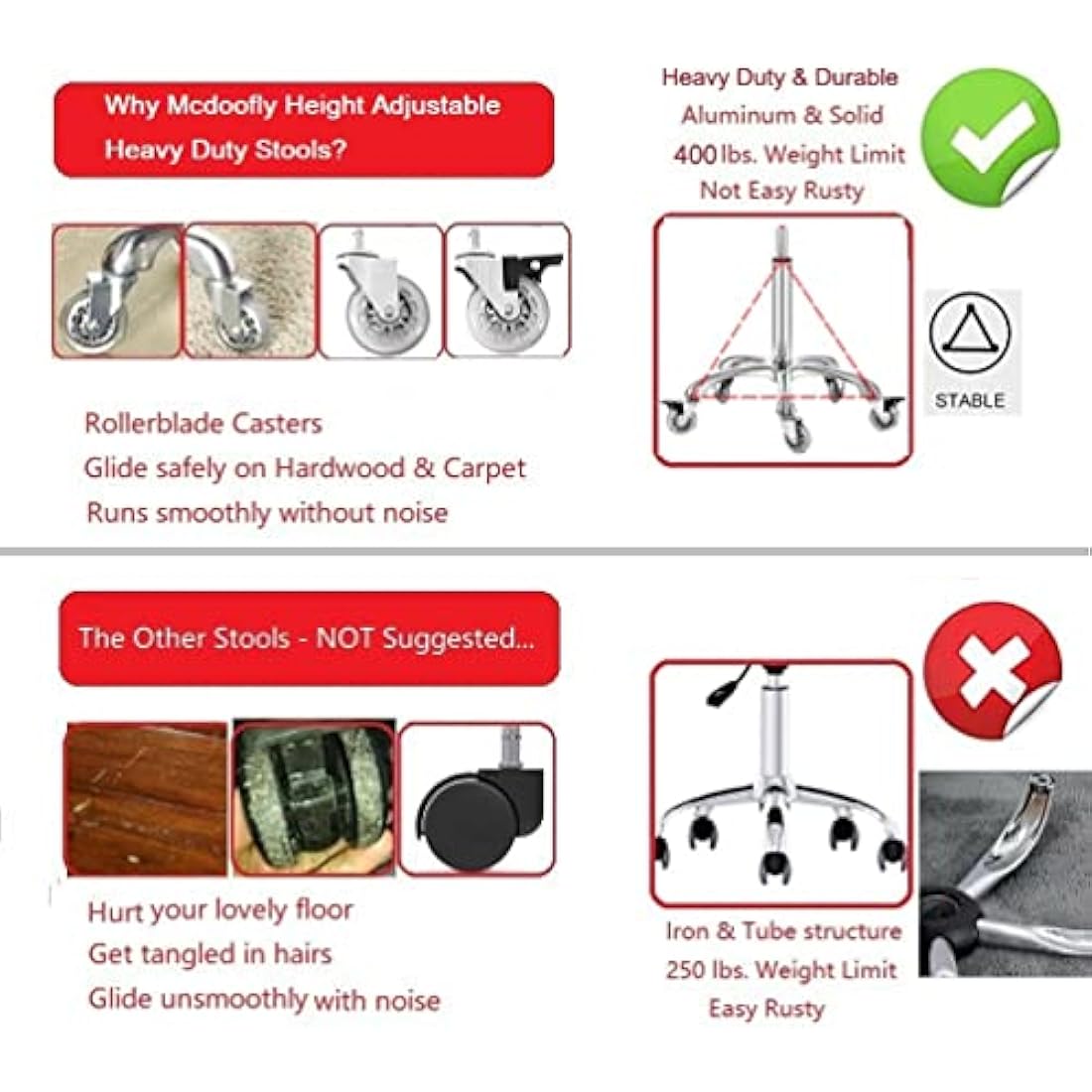 McDooFly Adjustable Heavy Duty Stool - Rolling Stools with Locking Caster Wheels - Swivel Stools Backless Chair for Beauty Hair Salon Spa Home Kitchen Office Shop Massage(Black, Height 47 to 57cm)