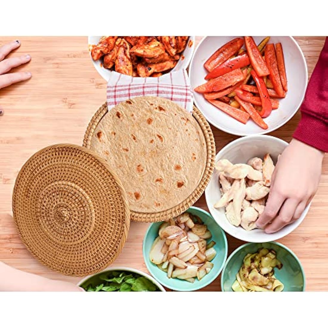 Tortillada - 26 cm Tortilla Warmer / Tortilla Warmer Basket Handmade from Rattan with Cotton Tea Towel