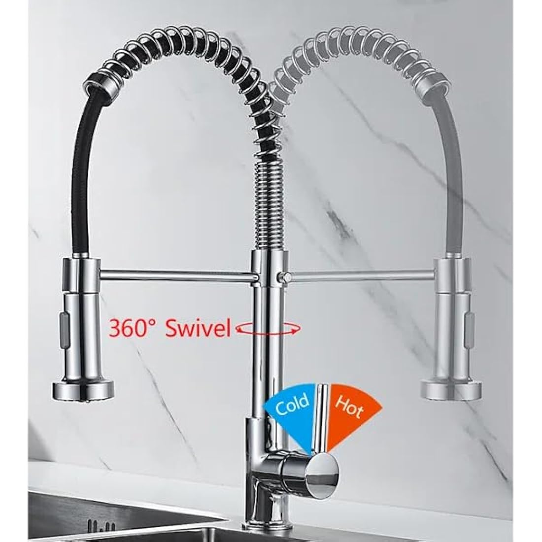 Modern Mono Kitchen Mixer Tap Dual Spout & Pull Out Spray Single Lever Chrome 360° Swivel Spout 2-Modes Spray Faucet Water Tap
