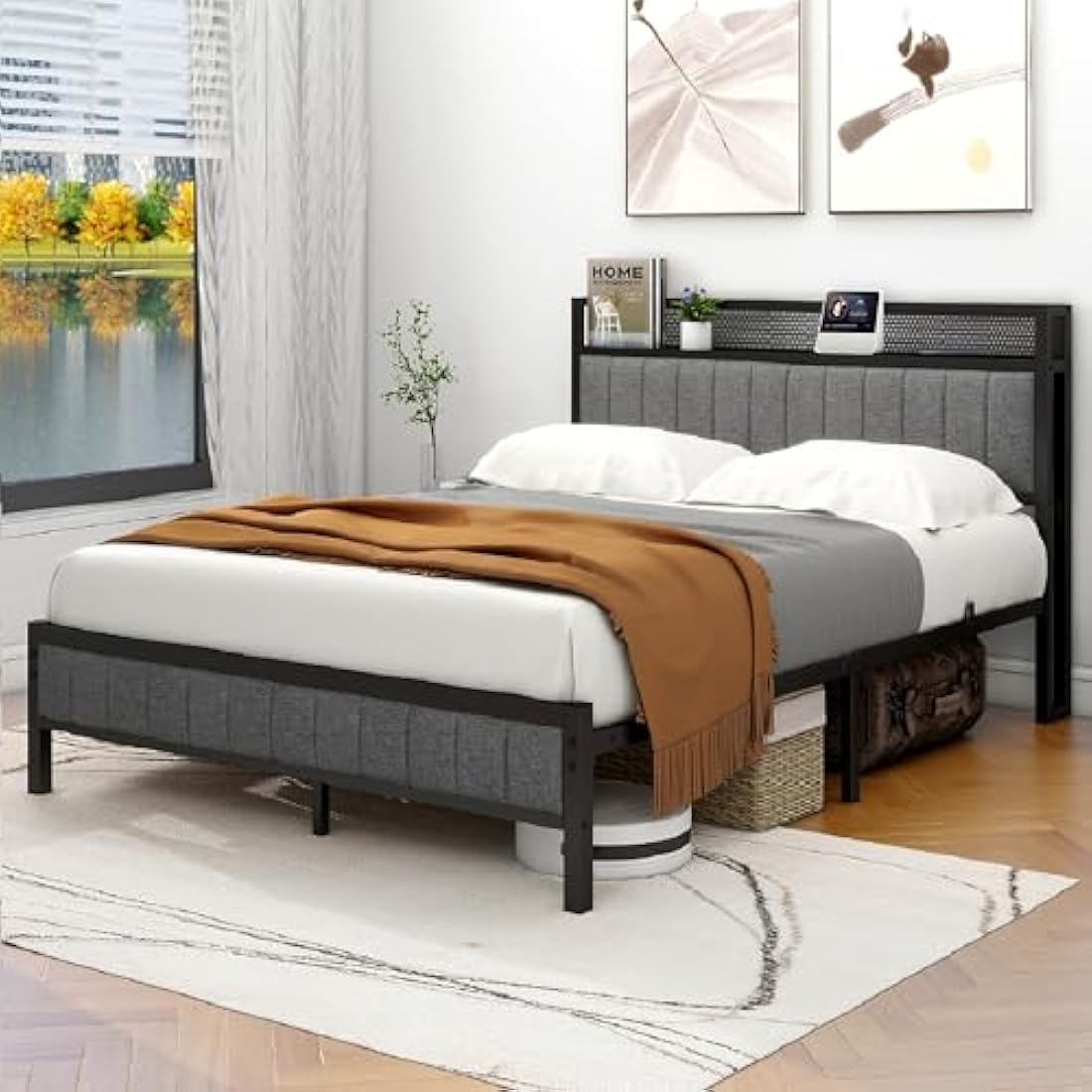 MOFLUT King Size Bed Frame with Wooden Storage Headboard Shelf, Upholstered Bed Frames King Size with Metal Slats Enhanced Support, No Box Spring Needed, Gray King Bed