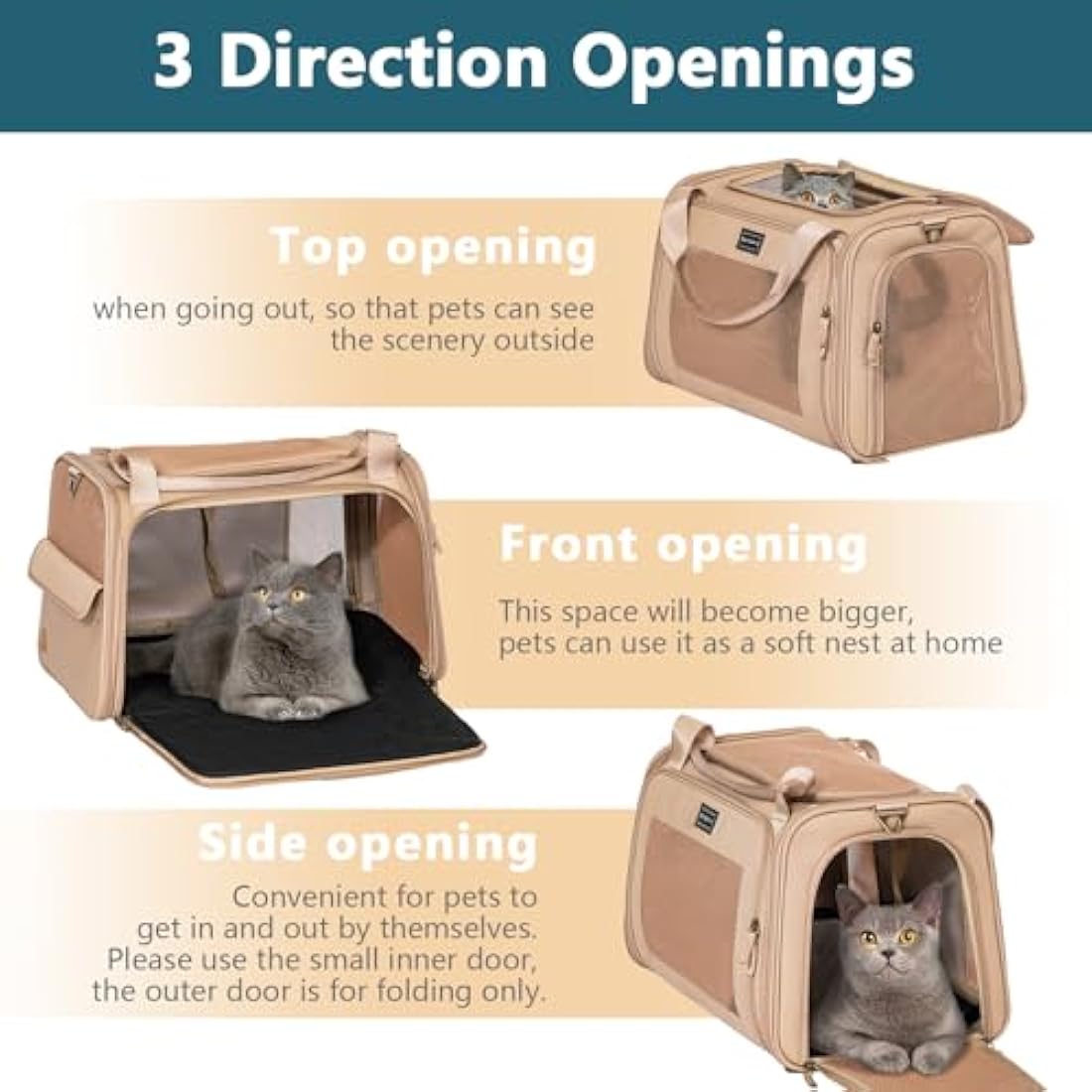 Petsfit Cat Carrier Soft Sided Travel Carrier, Dog Carriers with Expandable mat and Quadrangle Oxford Fabric Mesh, Portable Dog Bag with Upgraded Large Space, Khaki