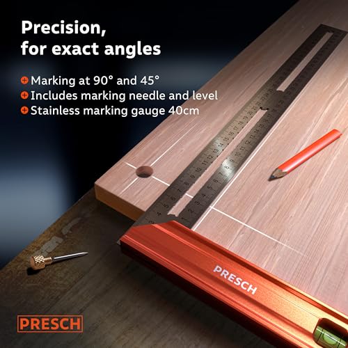 Presch Try Square 400 mm | Large | Includes rust-free marking gauge (40cm), level bubble & marking pin | 90° & 45° | Carpenters square, Precision Square, Joiners Square, Engineers Square