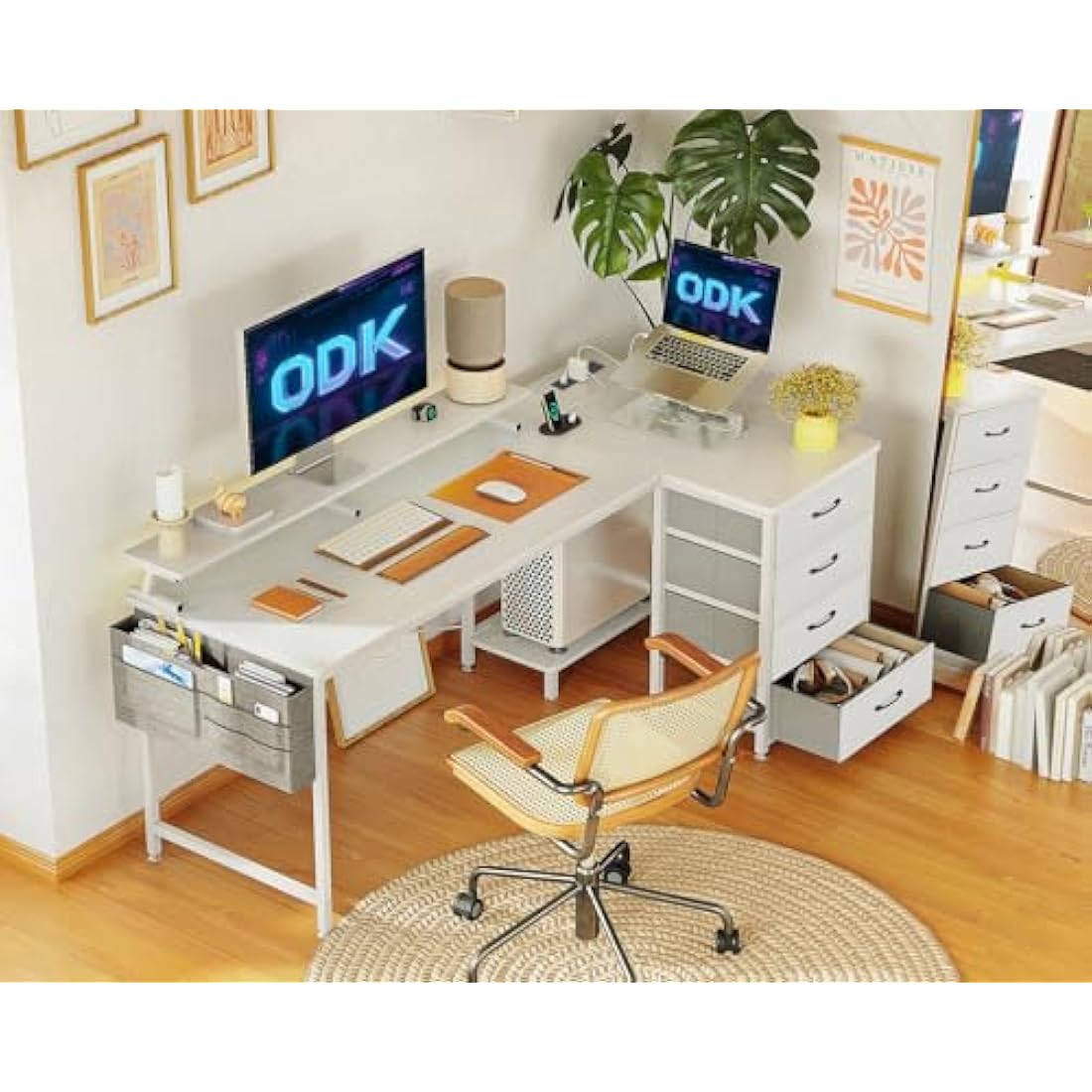 ODK Corner Desk with Drawers, L Shaped Computer Desk 140x80cm with USB Charging Port & Power Outlet, Home Office Desk with Monitor Stand and PC Stand, Gaming Desks Workstations, White