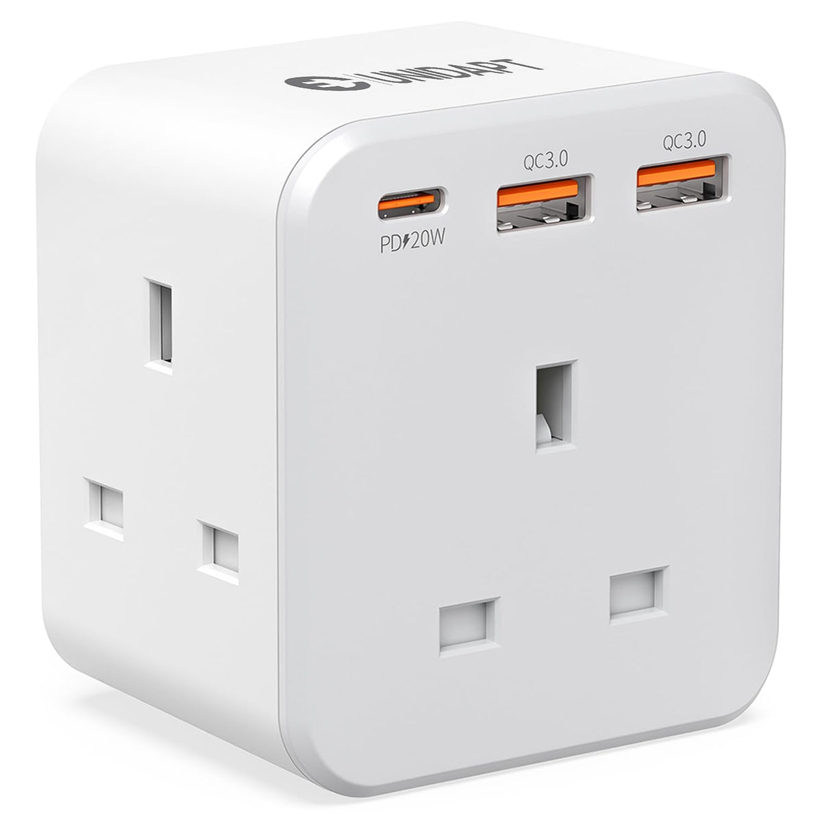 Unidapt 3 Way Plug Adaptor with 3 Fast Charge Ports, Multi Plug Extension with PD 20W USB-C and 2 USB-A QC 3.0, 13A UK Plug Extender Socket, Triple