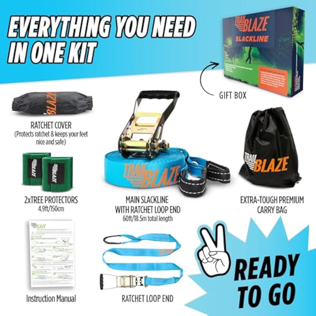 Trailblaze Complete Slackline Kit for Kids with Tree Protectors and Ratchet Cover | Slackline Beginner Kit, Outdoor Tightrope, Easy Setup 18.5m blue